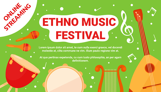 Ethno music art festival event flyer, traditional ethnic percussion instrument, folk drum