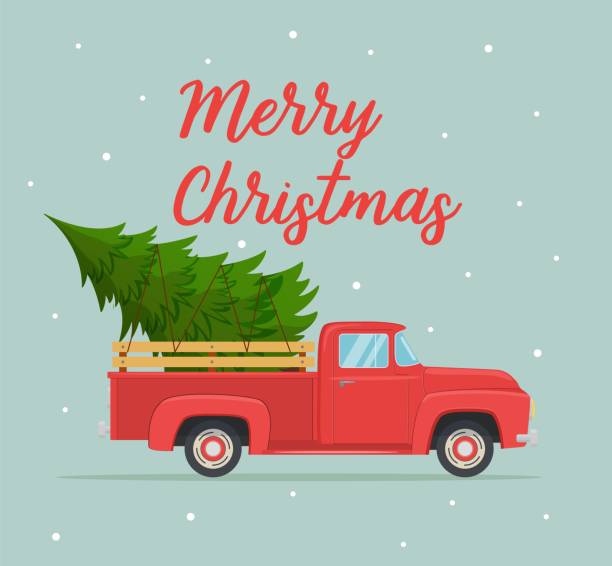 etro red pickup truck with christmas tree Christmas card or poster design with retro red pickup truck with christmas tree on board. Template for new year party or event invitation or flyer. Vector illustration in flat style pinaceae stock illustrations