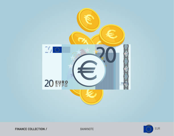 ilustrações de stock, clip art, desenhos animados e ícones de 20 euro banknote with flying coins. flat style vector illustration. finance concept. - notas euros voar