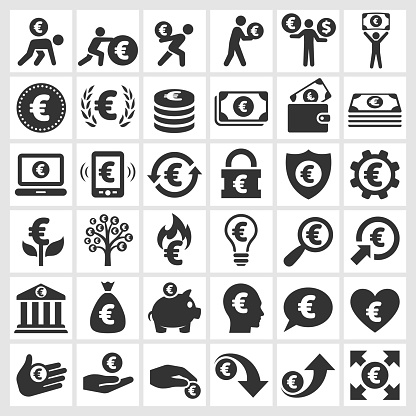 Euro Finance and Money black and white royalty free vector icon set. This editable vector file features black icons on white background. The icons are organized in rows and can be used as app icons, online as internet web buttons, and in digital and print.
