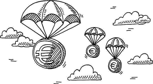 Euro Money Coin Parachute Drawing Hand-drawn vector drawing of some Euro Money Coins on Parachutes. Euro Rescue Fund Concept Image. Black-and-White sketch on a transparent background (.eps-file). Included files are EPS (v10) and Hi-Res JPG. chuterbate stock illustrations