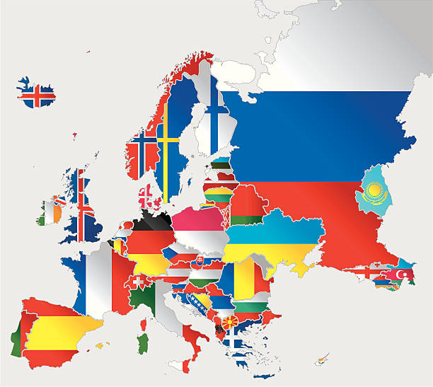 Detailed vector map of Europe with border states and national flags. 
