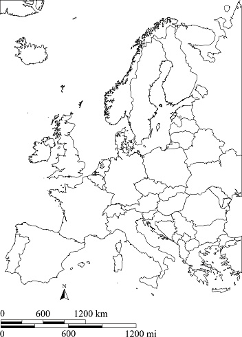 Europe map outline vector with scales in a blank design
