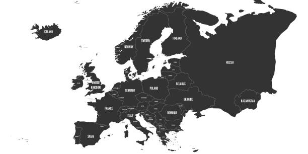 Europe map with names of sovereign countries Map of Europe with names of sovereign countries, ministates included. Simplified dark grey vector map on white background. europa mythological character stock illustrations