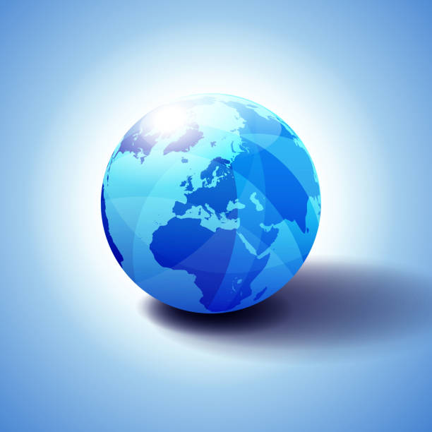 Europe, Middle East and Africa Background with Globe Icon 3D illustration Glossy, Shiny Sphere with Global Map in Subtle Blues giving a transparent feel. cool blue world stock illustrations