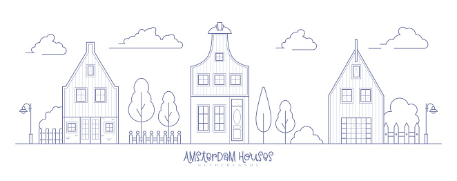 Europe neighborhood houses. Holland suburban with cozy homes. Facades of old traditionsl buildings in Netherlands. landscape outline vector illustration.