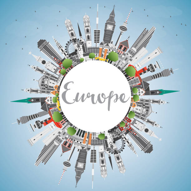 ilustrações de stock, clip art, desenhos animados e ícones de europe skyline silhouette with different landmarks and copy space - taxi lisboa