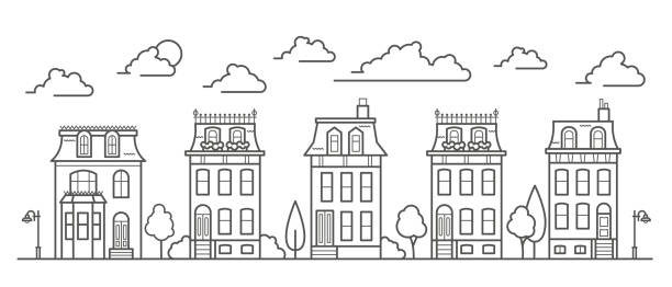 stockillustraties, clipart, cartoons en iconen met european buildings skyline. linear cityscape with various row houses. outline illustration with old dutch buildings. - nederland rijtjeshuis