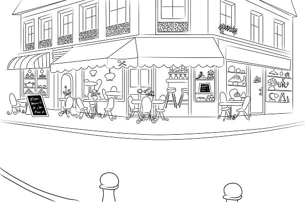 European Cafe European Cafe corner. Hand drawn ink style illustration. store drawings stock illustrations