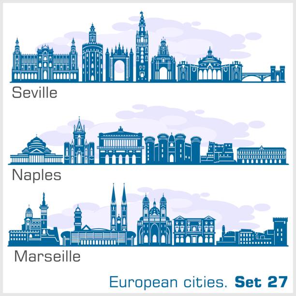 miasta europejskie - neapol, sewilla, marsylia. szczegółowa architektura. - sevilla stock illustrations