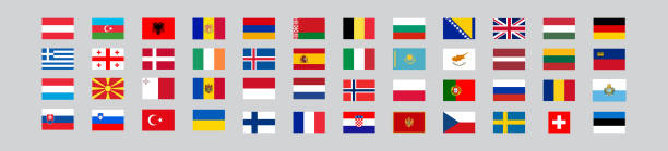 europäische länderflagge. 48 nationalflaggen. vektorsatzsymbole - kasachstan stock-grafiken, -clipart, -cartoons und -symbole