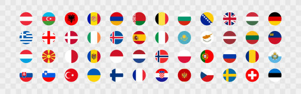 europäische landesflagge im kreis auf transparentem hintergrund. 48 nationalflaggen. vektorsatzsymbole - kasachstan stock-grafiken, -clipart, -cartoons und -symbole