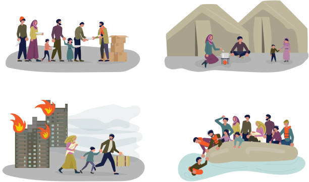 European Migrant Crisis Concept set. European Migrant Crisis Concept set. Refugee Family with Children. Sailing to Europe on the Boat. Crossing the border and Life in the Refugee Camp. Flat Art Vector illustration family borders stock illustrations