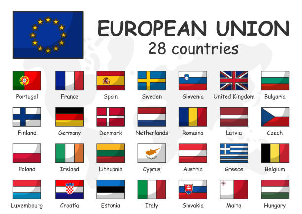European union and membership flag . Association of 28 countries . Modern simple cartoon outline design and doodle world map background vector art illustration
