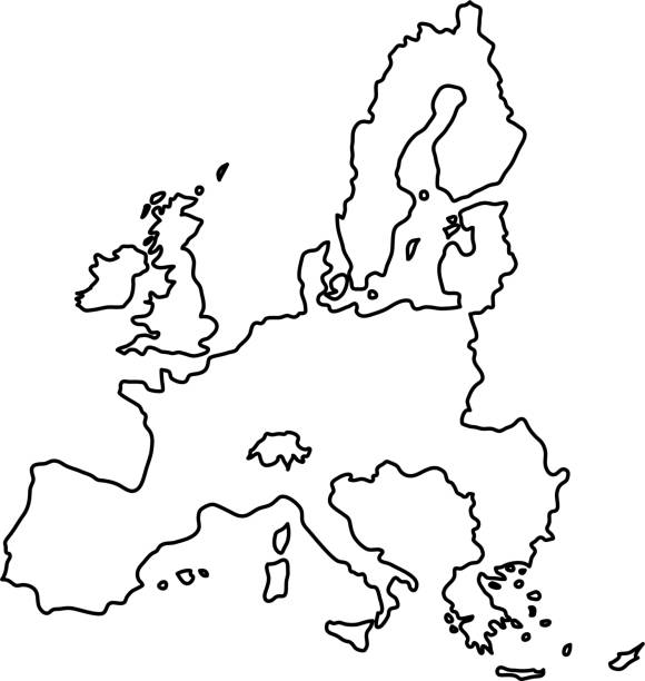 벡터 일러스트 레이 션의 검은 윤곽 곡선의 유럽 연합 지도 - 유럽 연합 stock illustrations