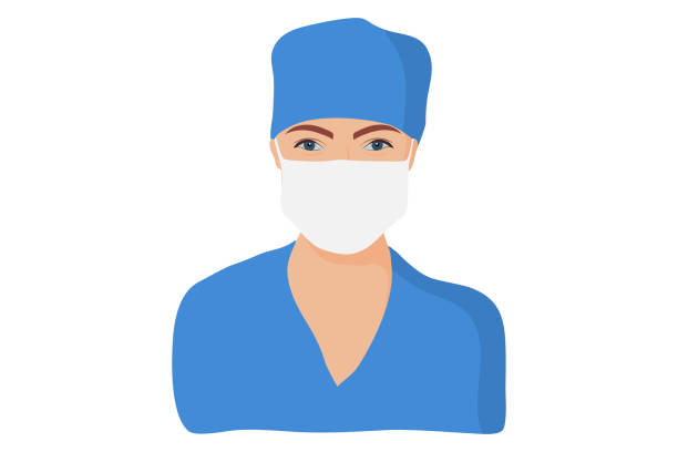 European white female nurse Female hospital worker in blue uniform with mask, vector portrait illustration looking straight. nurse face stock illustrations