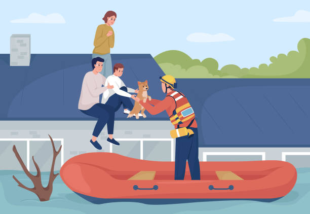 Evacuating people from flooded house flat color vector illustration Evacuating people from flooded house flat color vector illustration. Rescue operation. Trapped on rooftop family rescued by first responder 2D cartoon characters with cityscape on background flood illustrations stock illustrations