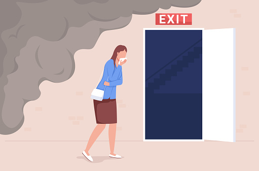 Evacuation from office fire flat color vector illustration