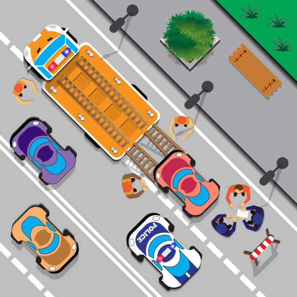 Evacuation of cars on the street. View from above. Vector illustration. tow truck police stock illustrations