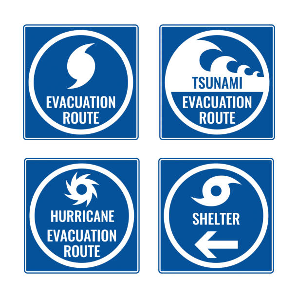 Evacuation route and shelter in case of tsunami or hurricane Evacuation route and shelter in case of tsunami or hurricane blue square signs. Emergency or natural disaster helpful signboards vector illustrations set. evacuation stock illustrations