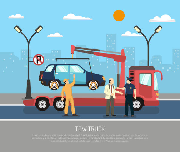 evacuator Tow truck evacuating car from towaway zone on cityscape background flat vector illustration tow truck police stock illustrations