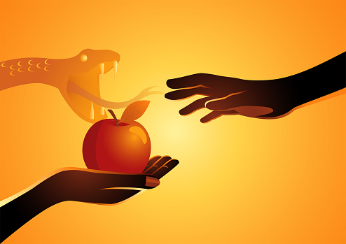 Biblical vector illustration series, Adam and Eve, Eve offering the apple to Adam