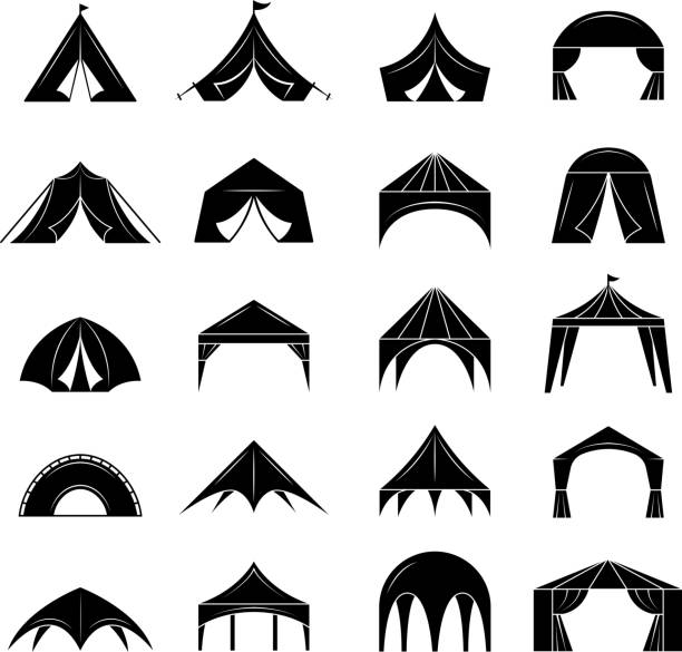 ilustrações de stock, clip art, desenhos animados e ícones de event tent. marquee from black canvas pavilion for party events vector silhouettes collection - tent