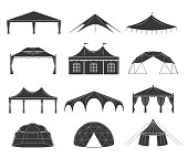 Event tent set. Black fabric shelter silhouette, for party rentals, wedding, outdoor and summer events houses. Vector flat style cartoon illustration isolated on white background