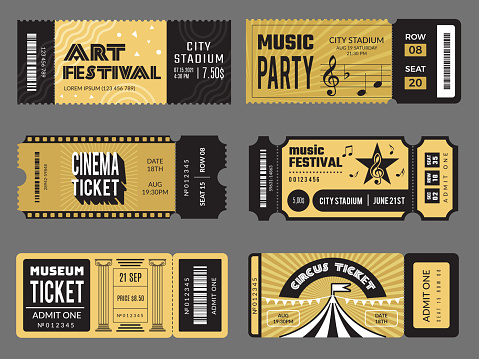 Event tickets. Entrance entertainment tickets to theatre cinema kids party soccer music concert recent vector design templates collection. Illustration entertainment event ticket, concert admission