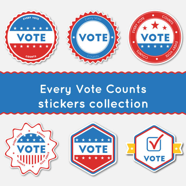Every Vote Counts stickers collection. Every Vote Counts stickers collection. Buttons set for USA presidential elections 2016. Collection of blue and red patriotic badges. Round tokens vector illustration. voting borders stock illustrations