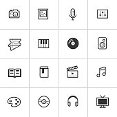 Simple vector icon set representing common media devices and concepts including music, photos, books, and video.