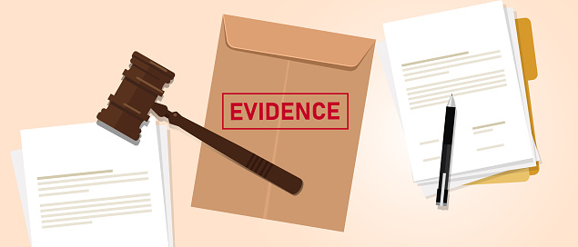 Evidence stamped in brown envelope concept of proof in law justice court. Vector illustration