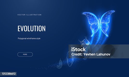 istock Evolution of a butterfly in a digital futuristic style. Insect life cycle, transformation from caterpillar to butterfly. The concept of a successful startup or investment or business transformation 1312386612