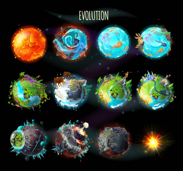 Evolution of Earth, vector concept illustration Stages of the origin of life on Earth, evolution, climate changes, technology progress, cataclysms, planetary explosion, death of planet, vector concept illustration. Timeline, infographic elements destruction stock illustrations