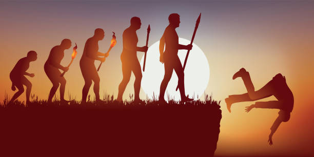 ilustrações de stock, clip art, desenhos animados e ícones de evolution of mankind according to darwin ending with the extinction of the human species. - fire caveman