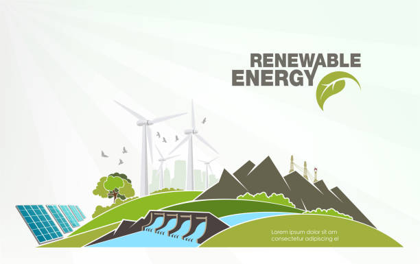 bildbanksillustrationer, clip art samt tecknat material och ikoner med utvecklingen av begreppet förnybar energi för en grönare värld. vektorillustration - vattenkraft