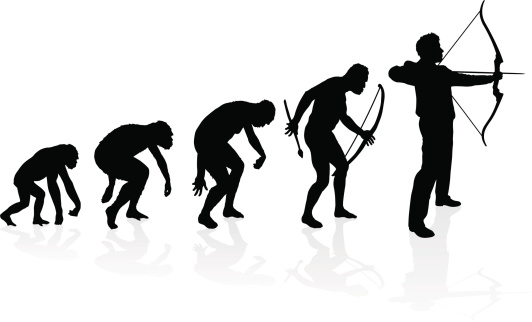 Vector Illustration depicting the evolution of a primate to ape to man to Archer in silhouette. Hi-res Jpeg, PNG and PDF files included. vector