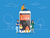 E-wallet concept illustration of young people using mobile smartphone for online purchasing via ewallet. Flat young men and women are standing near big smartphone with the credit card on screen