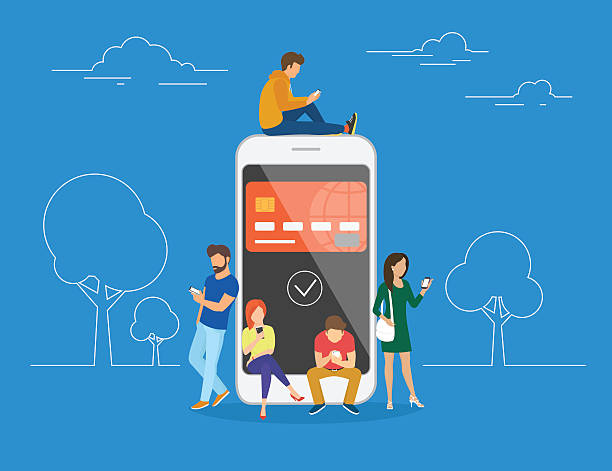 E-wallet concept illustration E-wallet concept illustration of young people using mobile smartphone for online purchasing via ewallet. Flat young men and women are standing near big smartphone with the credit card on screen buy single word stock illustrations