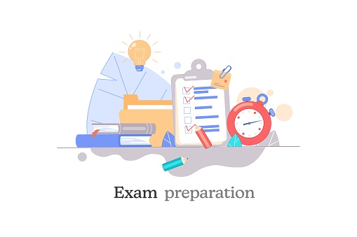 Exam preparation, school test. Vector flat illustration. Exam concept, checklist and stopwatch, choice of answer, questionnaire form, education