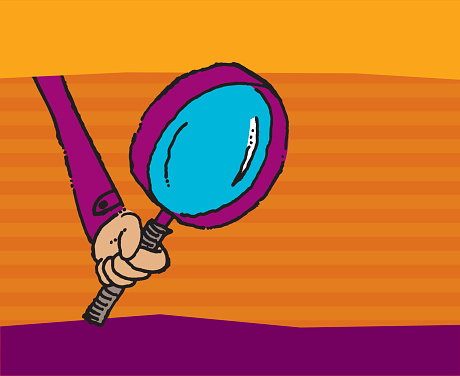 A hand holding a magnifying glass is looking for clues to solve a mystery. Use it for an invitation, announcement or poster, with space for your text. Layered so you can remove background or change colors. vector