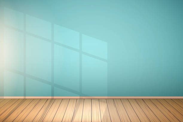 Example of empty room with window. Example of an empty room with blue walls and light from the window. Simple interior without furnish and furniture. Sunlight reflected on the wall. Vector. window backgrounds stock illustrations