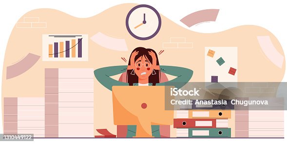 istock Exasperated woman in the workplace sits among a pile of papers and folders. The concept of professional burnout, overwork at work 1310449122