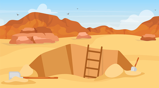Excavation flat vector illustration. Archaeological site, search for artifacts. Digging with shovels. Egyptian desert exploration. Miner hole in Africa. Expedition cartoon background
