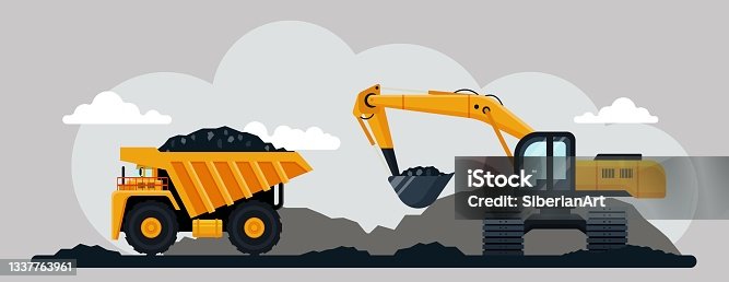istock Excavator and dump truck working at coal mine, flat vector illustration. Open pit mine or quarry, extraction machinery. 1337763961