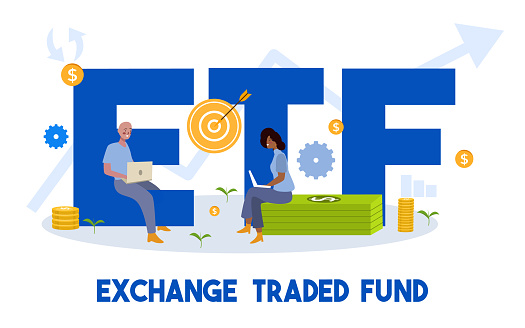 exchange traded fund concept man and woman working on laptop sit on money dollar currency ETF word around target gear coin icon with cartoon flat style vector design illustration