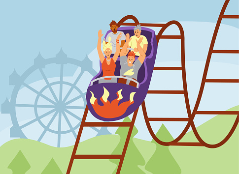 Excited people ride down on roller coaster in amusement park flat vector illustration.