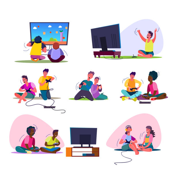 Excited video gamers set Excited video gamers set. Teenagers playing videogames, sitting at TV, using console, controller, gamepad, shouting. People concept. Vector illustration posters, presentation slides, web design video game illustrations stock illustrations
