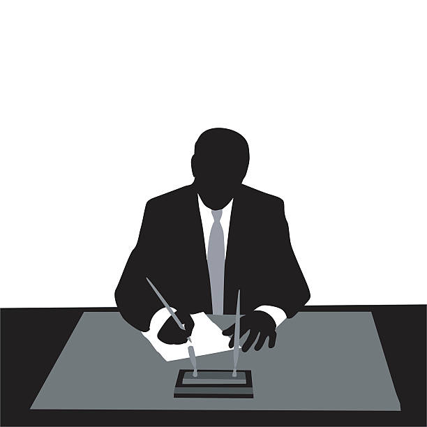 Executive Signature A vector silhouette illustration of a business man in a suit and neck tie signing a document with a pen at his desk. writing activity silhouettes stock illustrations