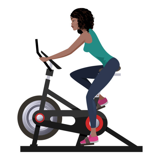 Exercise bike workout Young, fit girl working out on stationary bike peloton stock illustrations
